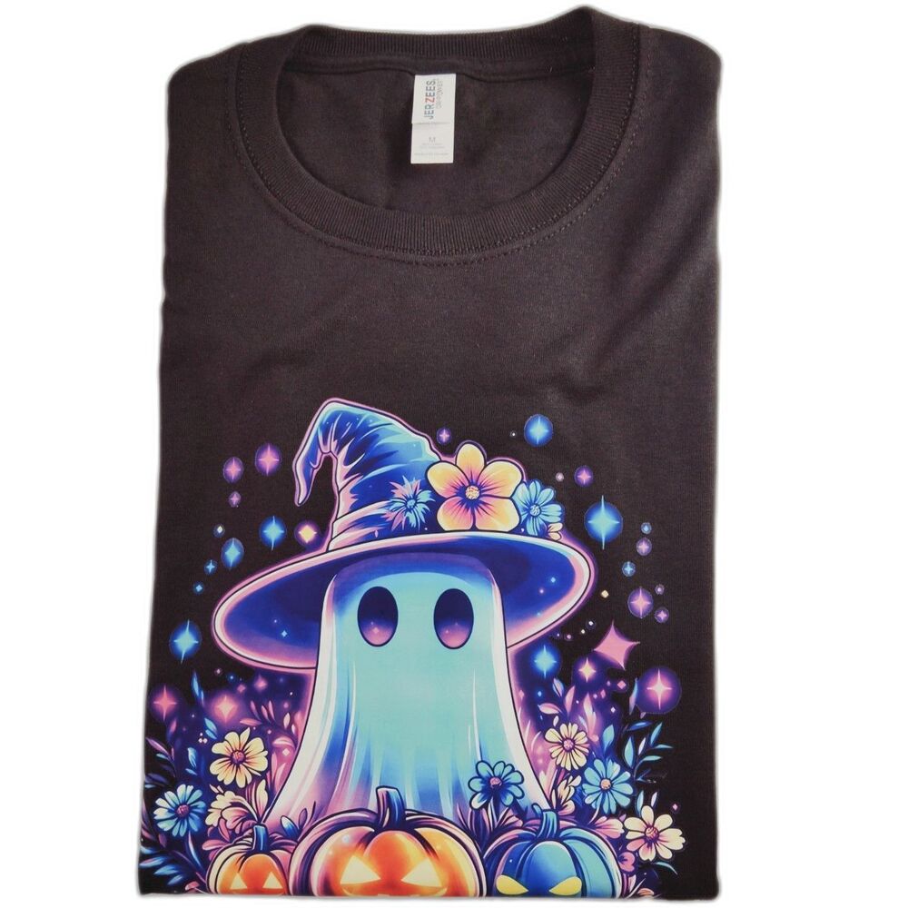 Neon Ghost Witchy Ghost Glowing Jack- O Lanterns  Unisex Crewneck Tee NWOT